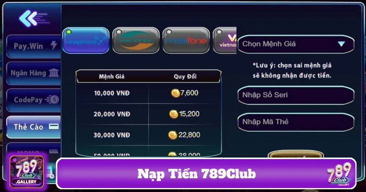 Các phương thức nạp tiền được hỗ trợ tại 789Club